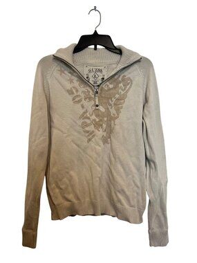 Vintage Guess Beige Half-Zip Pullover Sweater With Lion Graphic Cotton Blend Siz